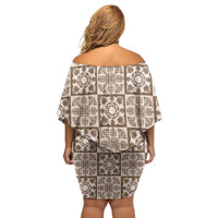 Beige Palaka Quilt Hawaii Family Matching Off Shoulder Short Dress and Hawaiian Shirt Hawaiian Tropical Monstera Sea Turtle LT14 - Polynesian Pride