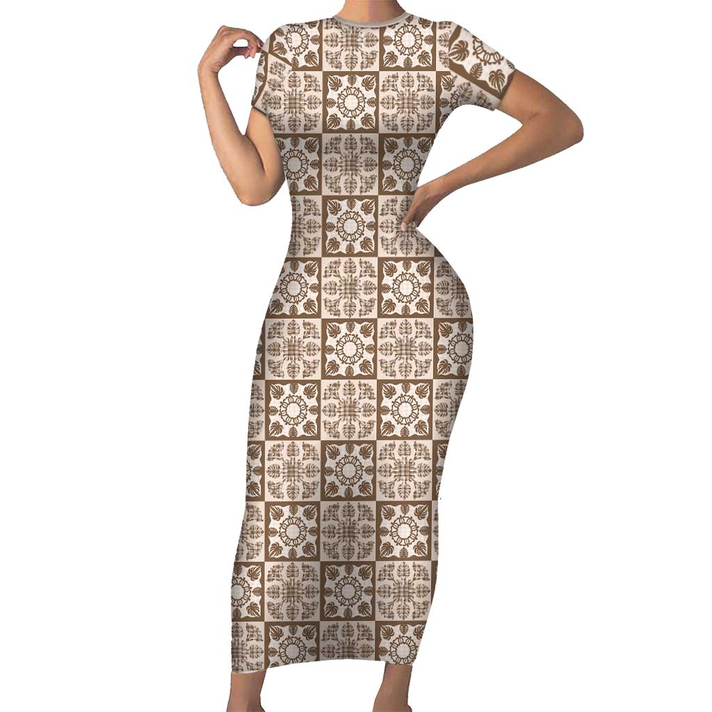 Beige Palaka Quilt Hawaii Family Matching Short Sleeve Bodycon Dress and Hawaiian Shirt Hawaiian Tropical Monstera Sea Turtle LT14 Mom's Dress Beige - Polynesian Pride