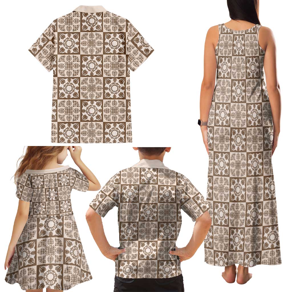 Beige Palaka Quilt Hawaii Family Matching Tank Maxi Dress and Hawaiian Shirt Hawaiian Tropical Monstera Sea Turtle LT14 - Polynesian Pride