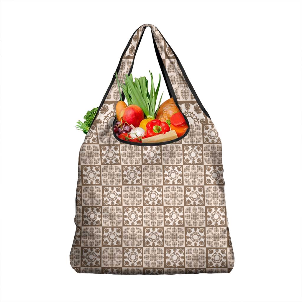 Beige Palaka Quilt Hawaii Grocery Bag Hawaiian Tropical Monstera Sea Turtle