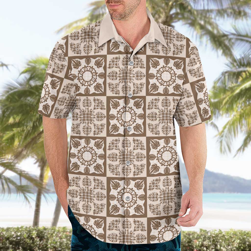 Beige Palaka Quilt Hawaii Hawaiian Shirt Hawaiian Tropical Monstera Sea Turtle