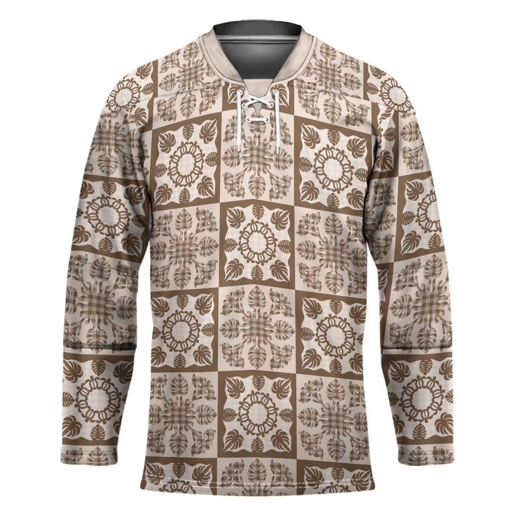 Beige Palaka Quilt Hawaii Hockey Jersey Hawaiian Tropical Monstera Sea Turtle