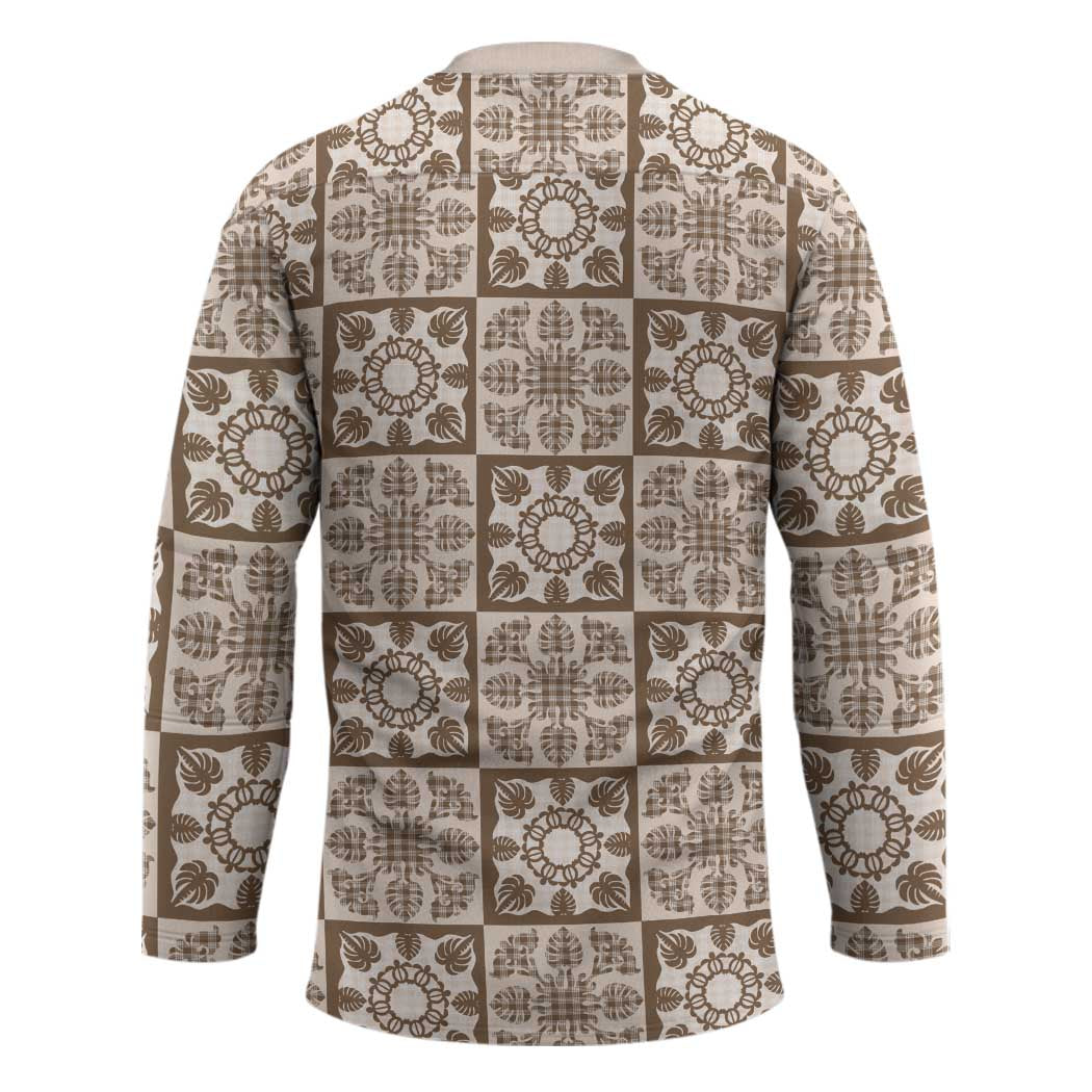 Beige Palaka Quilt Hawaii Hockey Jersey Hawaiian Tropical Monstera Sea Turtle