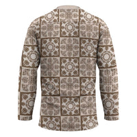 Beige Palaka Quilt Hawaii Hockey Jersey Hawaiian Tropical Monstera Sea Turtle