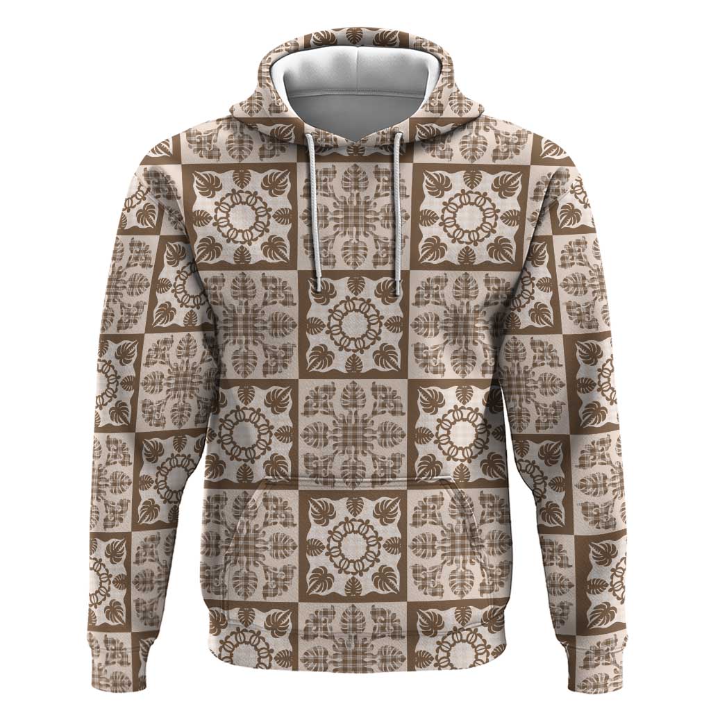Beige Palaka Quilt Hawaii Hoodie Hawaiian Tropical Monstera Sea Turtle