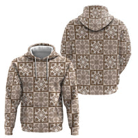 Beige Palaka Quilt Hawaii Hoodie Hawaiian Tropical Monstera Sea Turtle