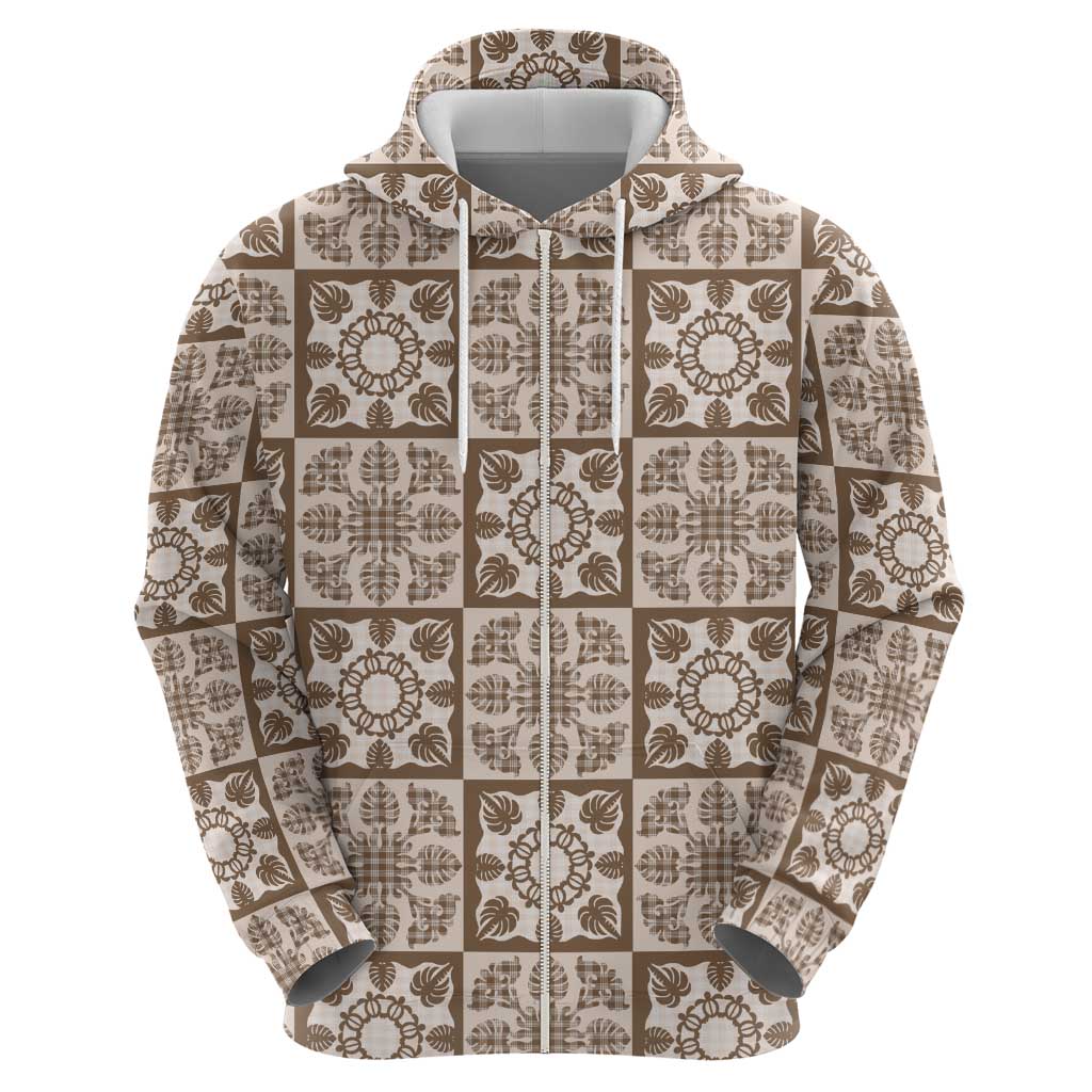 Beige Palaka Quilt Hawaii Hoodie Hawaiian Tropical Monstera Sea Turtle