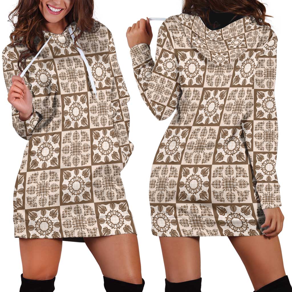 Beige Palaka Quilt Hawaii Hoodie Dress Hawaiian Tropical Monstera Sea Turtle