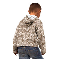 Beige Palaka Quilt Hawaii Kid Hoodie Hawaiian Tropical Monstera Sea Turtle