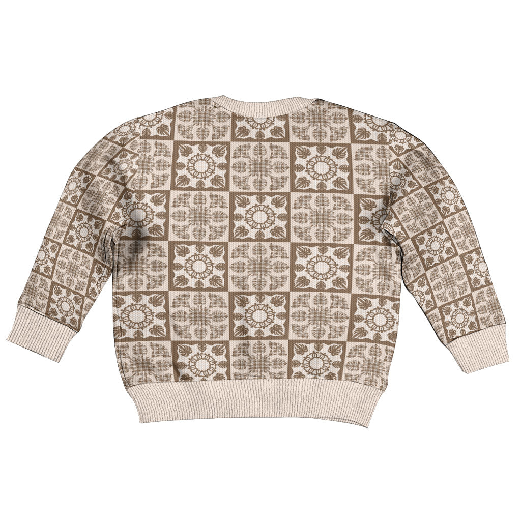 Beige Palaka Quilt Hawaii Kid Ugly Christmas Sweater Hawaiian Tropical Monstera Sea Turtle LT14 - Polynesian Pride