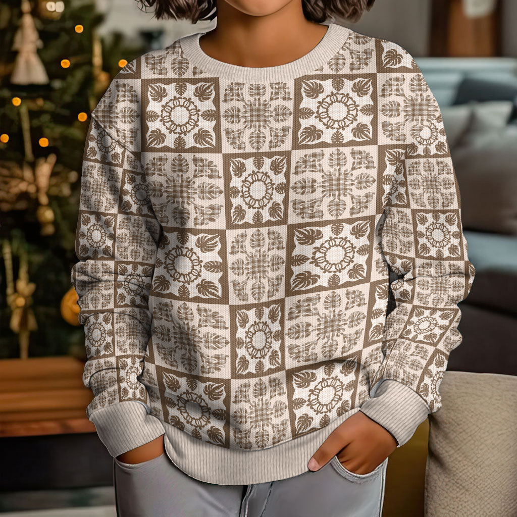 Beige Palaka Quilt Hawaii Kid Ugly Christmas Sweater Hawaiian Tropical Monstera Sea Turtle LT14 - Polynesian Pride