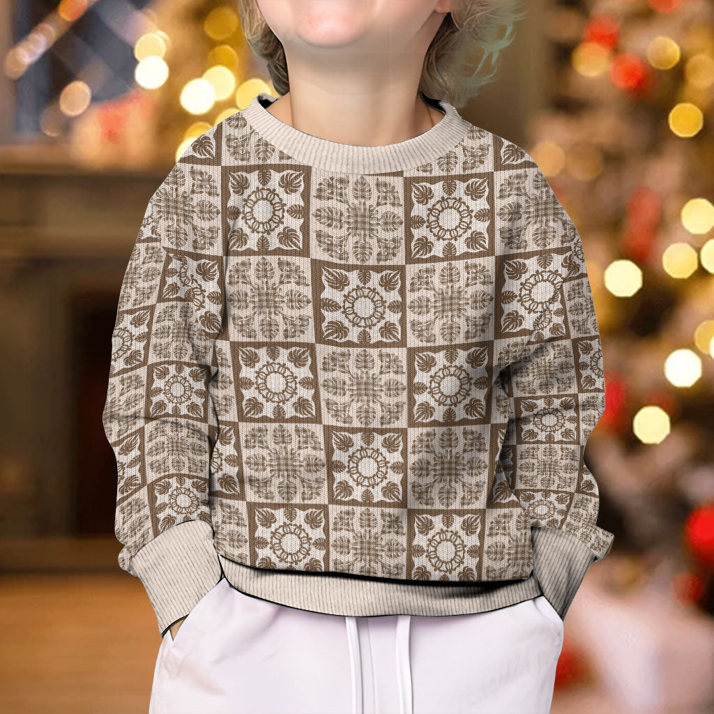 Beige Palaka Quilt Hawaii Kid Ugly Christmas Sweater Hawaiian Tropical Monstera Sea Turtle LT14 - Polynesian Pride