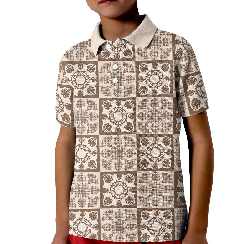 Beige Palaka Quilt Hawaii Kid Polo Shirt Hawaiian Tropical Monstera Sea Turtle