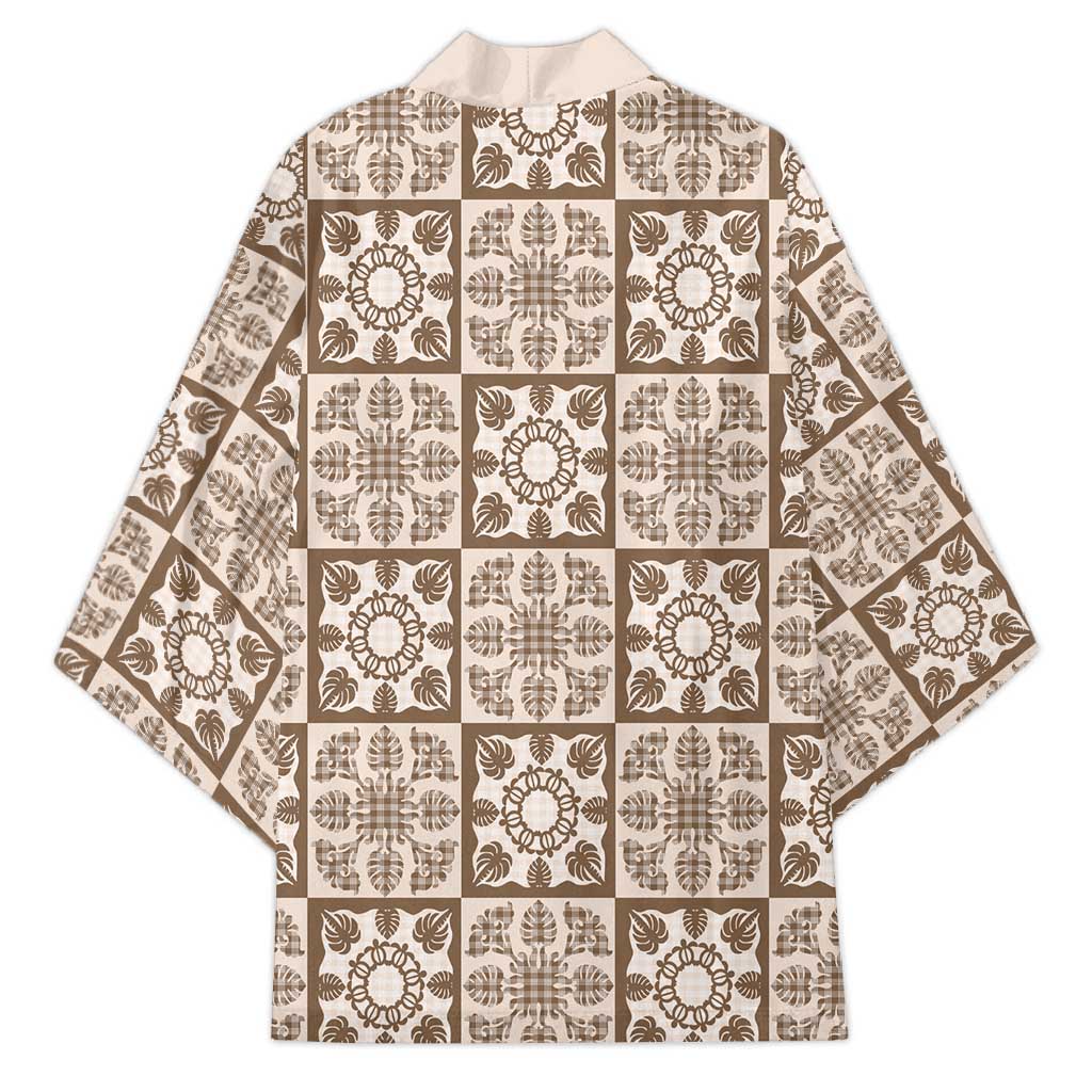 Beige Palaka Quilt Hawaii Kimono Hawaiian Tropical Monstera Sea Turtle