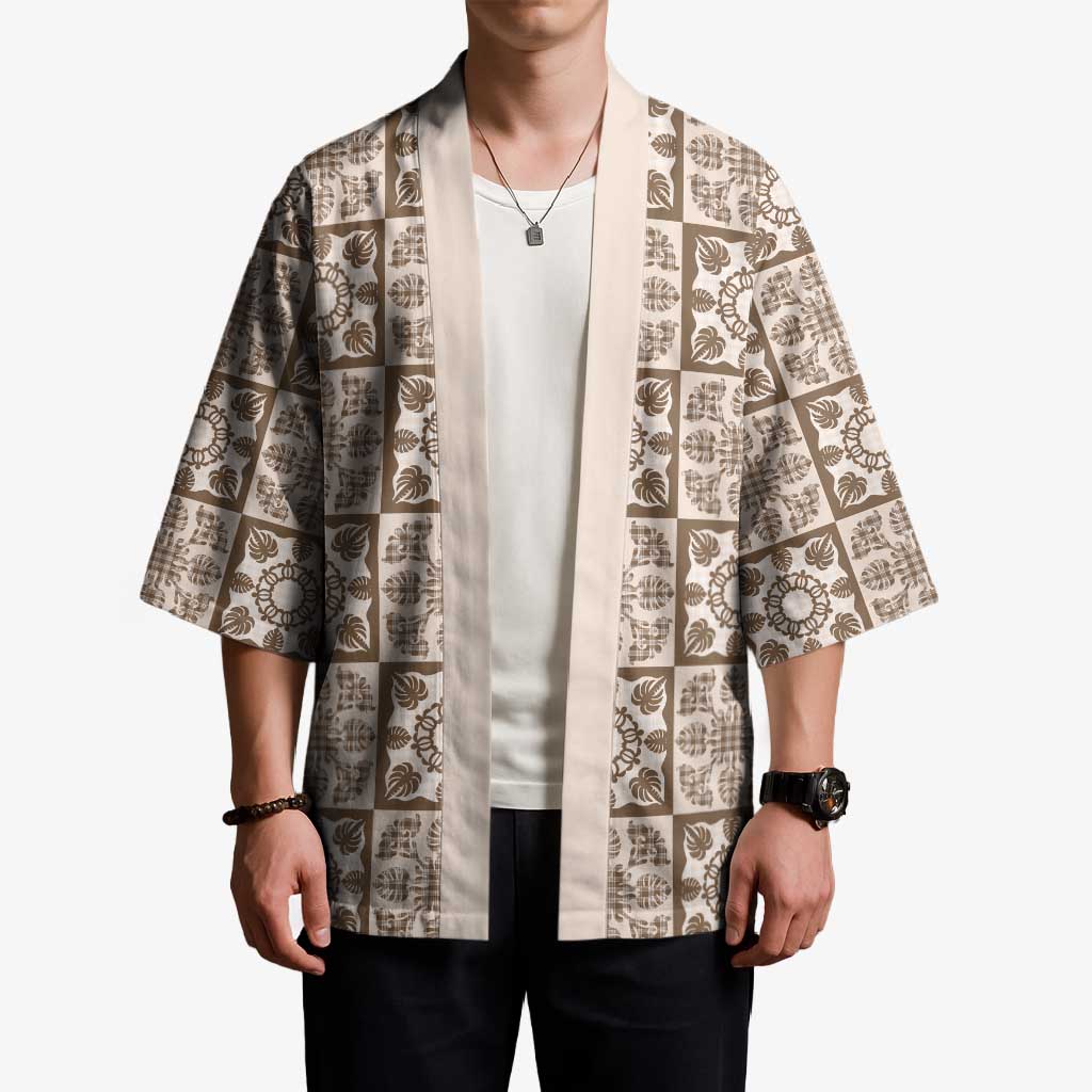 Beige Palaka Quilt Hawaii Kimono Hawaiian Tropical Monstera Sea Turtle
