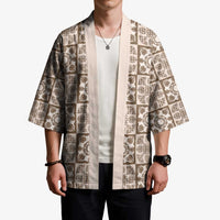 Beige Palaka Quilt Hawaii Kimono Hawaiian Tropical Monstera Sea Turtle