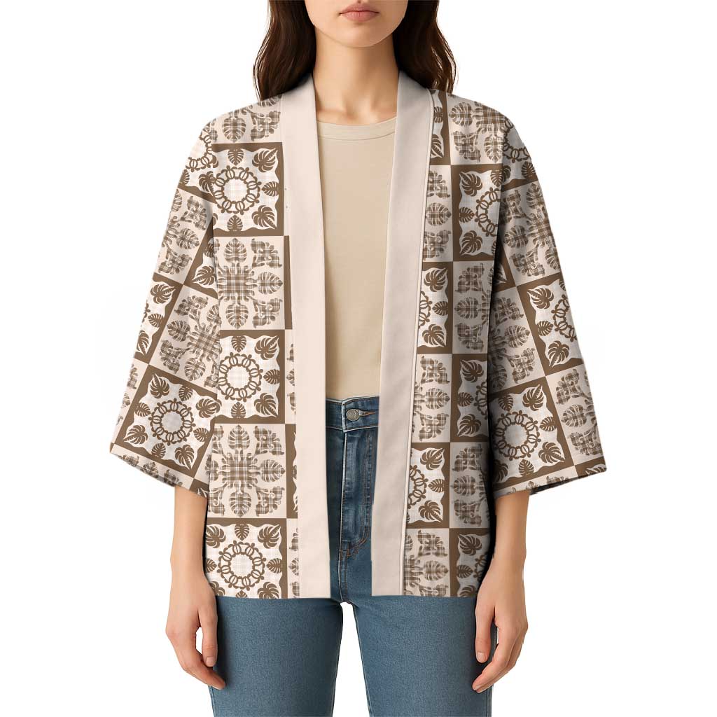 Beige Palaka Quilt Hawaii Kimono Hawaiian Tropical Monstera Sea Turtle
