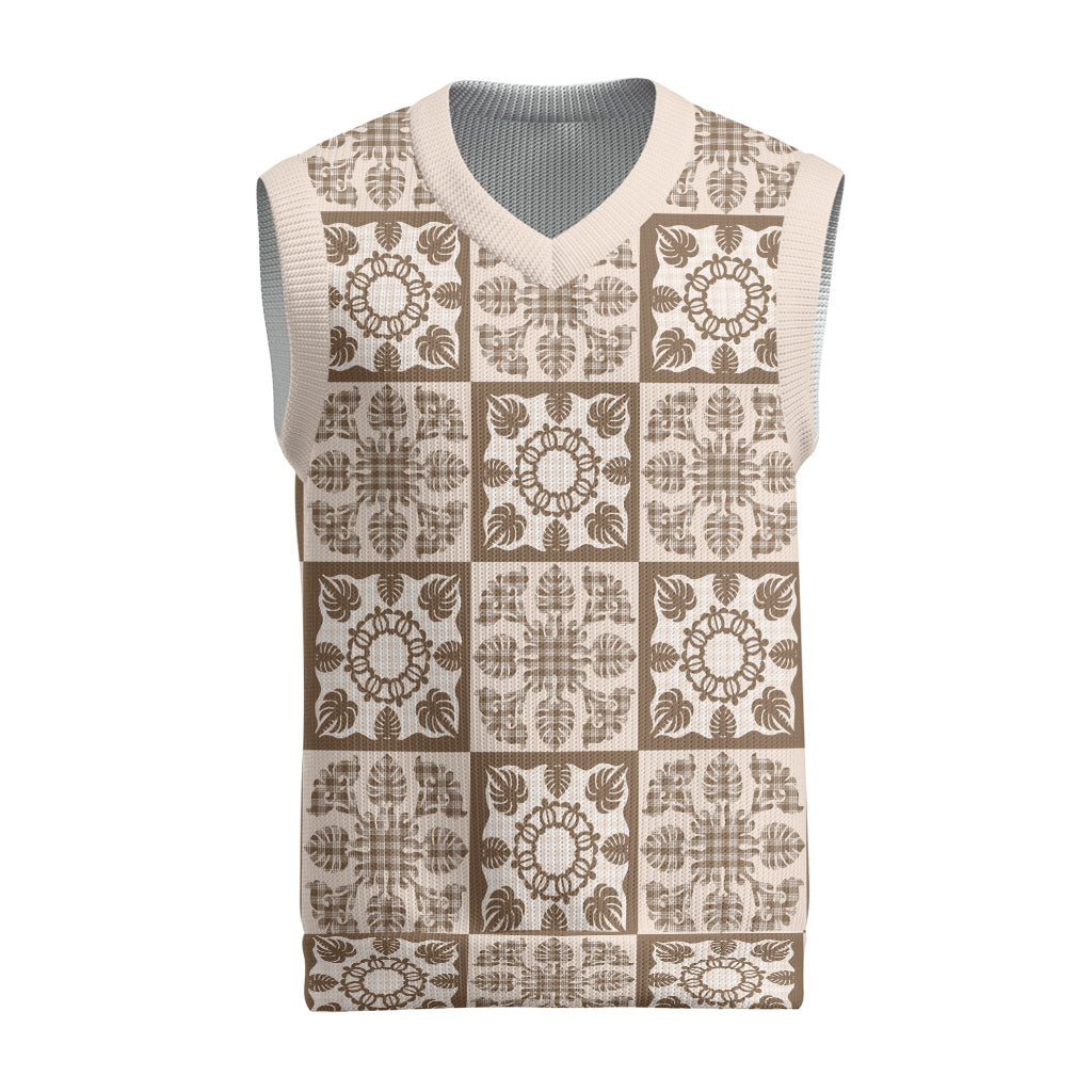 Beige Palaka Quilt Hawaii Christmas Knitted V-Neck Vest Hawaiian Tropical Monstera Sea Turtle LT14 Beige - Polynesian Pride