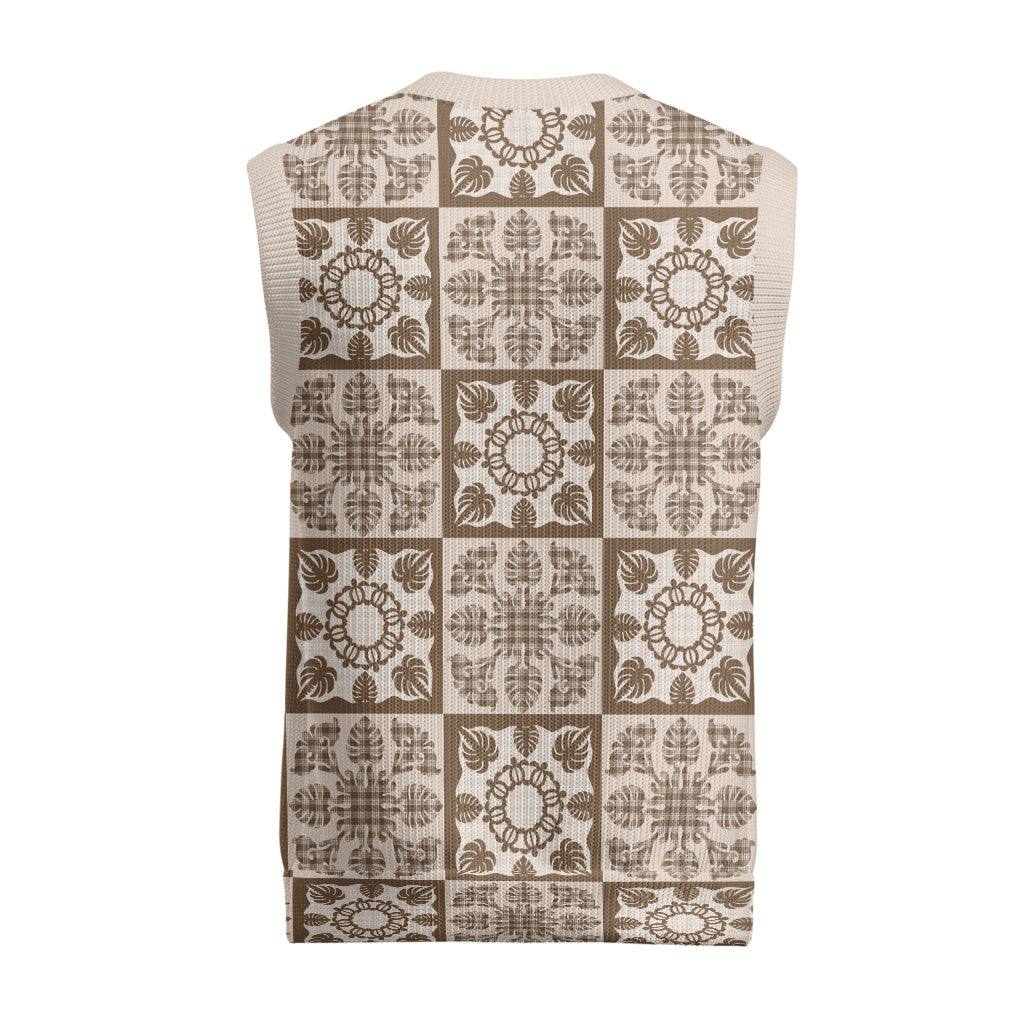 Beige Palaka Quilt Hawaii Christmas Knitted V-Neck Vest Hawaiian Tropical Monstera Sea Turtle LT14 - Polynesian Pride