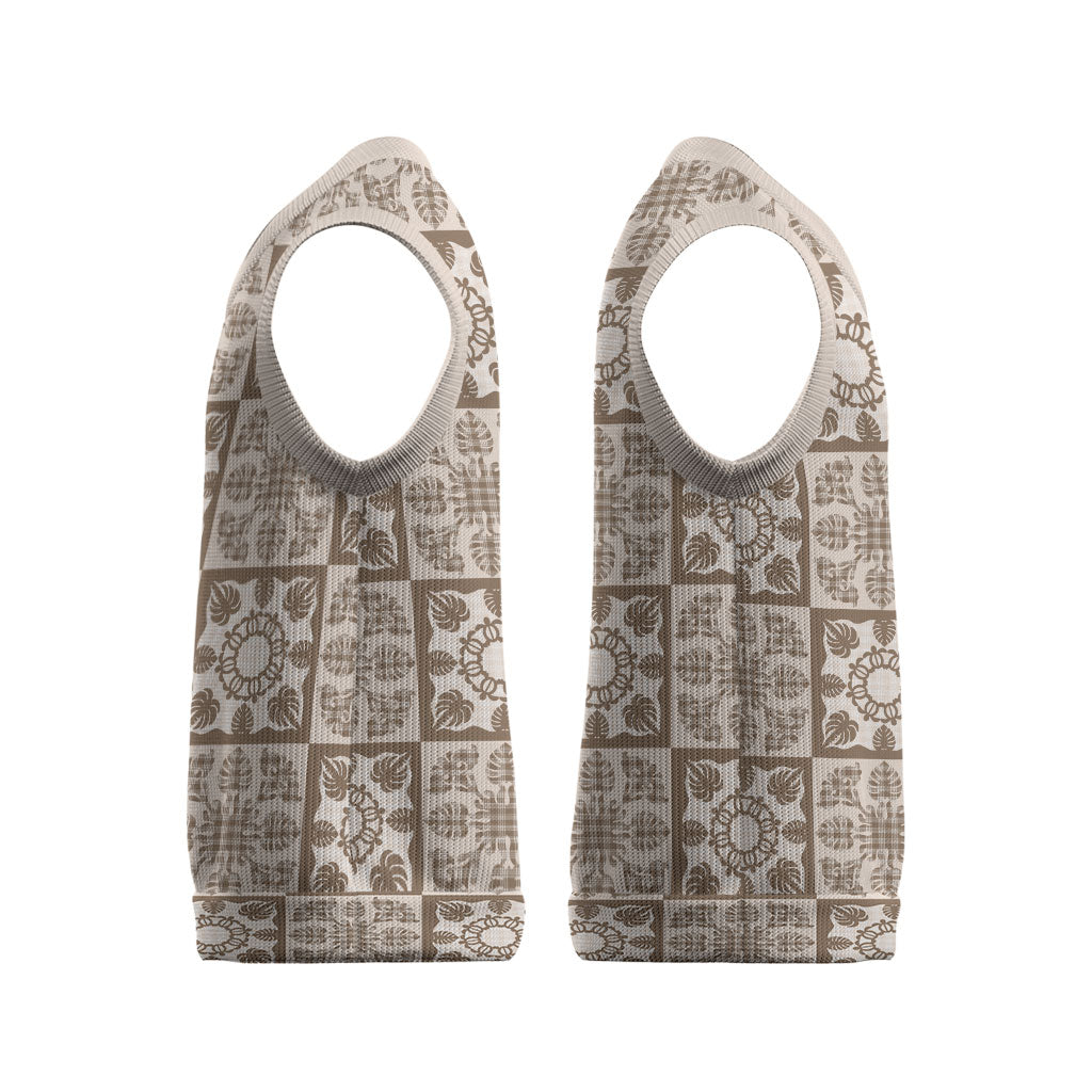 Beige Palaka Quilt Hawaii Christmas Knitted V-Neck Vest Hawaiian Tropical Monstera Sea Turtle LT14 - Polynesian Pride
