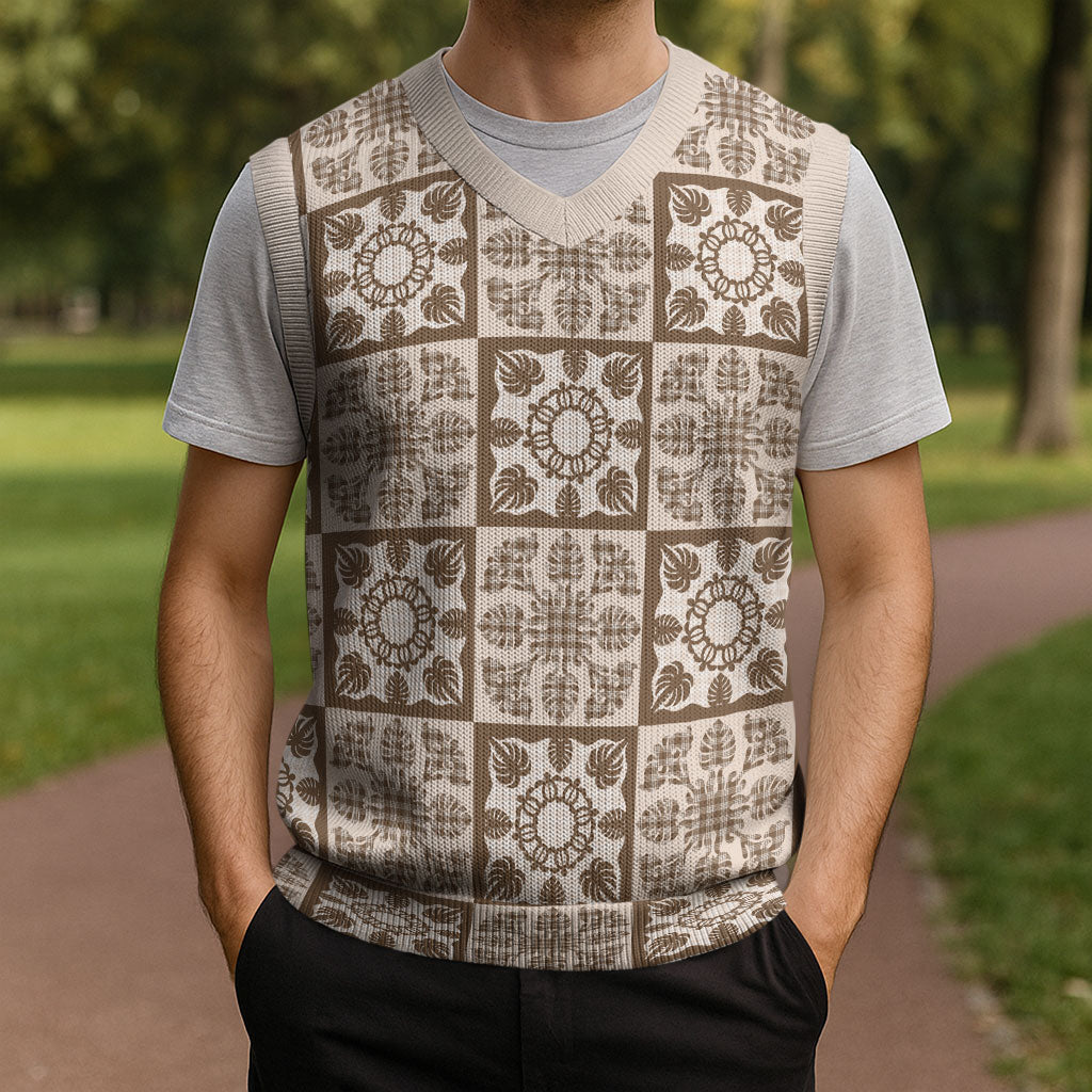 Beige Palaka Quilt Hawaii Christmas Knitted V-Neck Vest Hawaiian Tropical Monstera Sea Turtle LT14 - Polynesian Pride