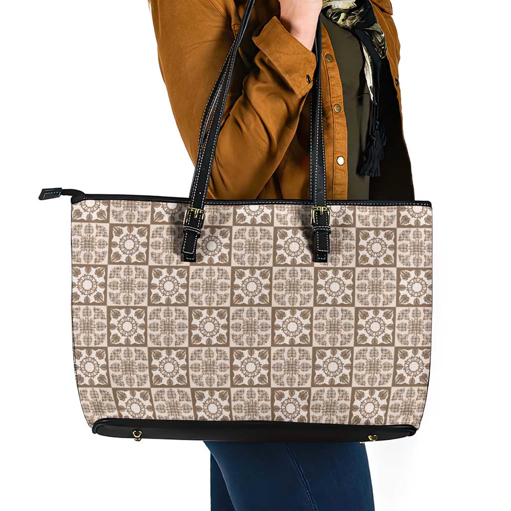 Beige Palaka Quilt Hawaii Leather Tote Bag Hawaiian Tropical Monstera Sea Turtle