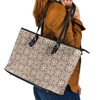 Beige Palaka Quilt Hawaii Leather Tote Bag Hawaiian Tropical Monstera Sea Turtle