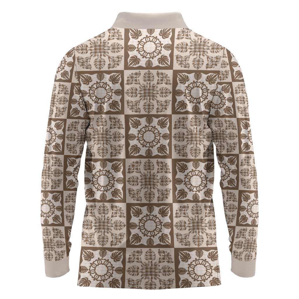 Beige Palaka Quilt Hawaii Long Sleeve Polo Shirt Hawaiian Tropical Monstera Sea Turtle
