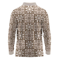 Beige Palaka Quilt Hawaii Long Sleeve Polo Shirt Hawaiian Tropical Monstera Sea Turtle