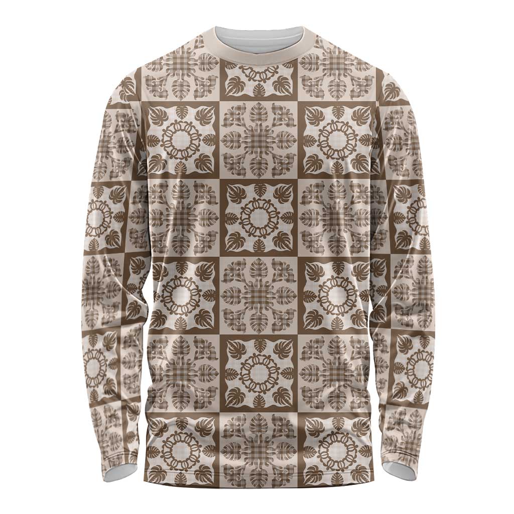 Beige Palaka Quilt Hawaii Long Sleeve Shirt Hawaiian Tropical Monstera Sea Turtle