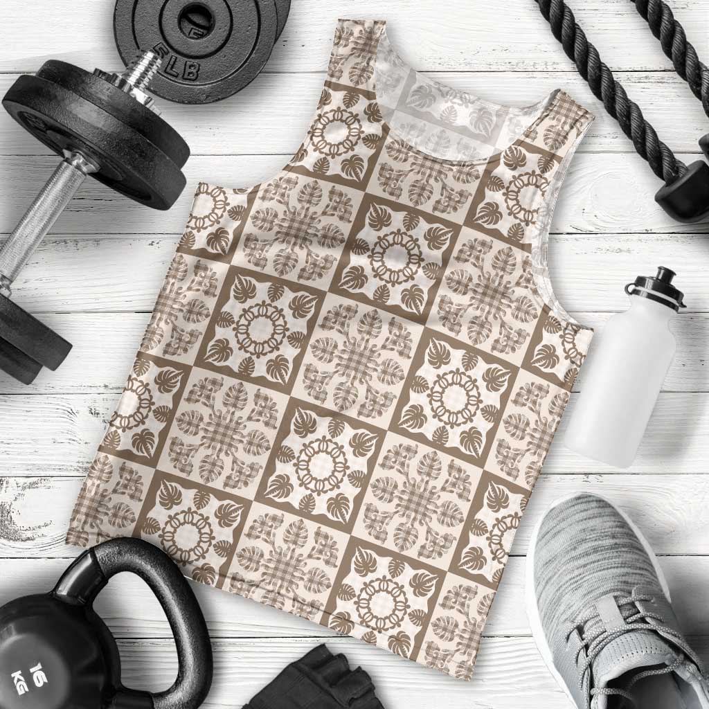 Beige Palaka Quilt Hawaii Men Tank Top Hawaiian Tropical Monstera Sea Turtle