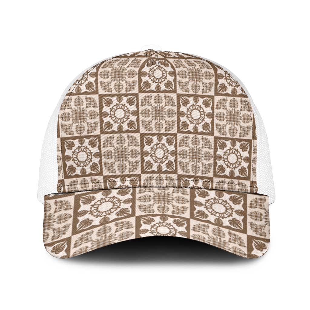 Beige Palaka Quilt Hawaii Mesh Trucker Cap Hawaiian Tropical Monstera Sea Turtle