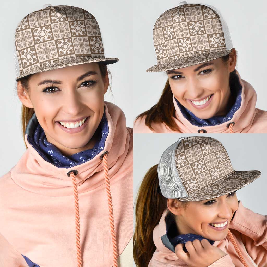 Beige Palaka Quilt Hawaii Mesh Trucker Cap Hawaiian Tropical Monstera Sea Turtle