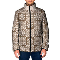 Beige Palaka Quilt Hawaii Padded Jacket Hawaiian Tropical Monstera Sea Turtle