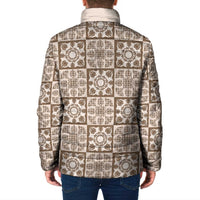 Beige Palaka Quilt Hawaii Padded Jacket Hawaiian Tropical Monstera Sea Turtle