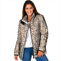 Beige Palaka Quilt Hawaii Padded Jacket Hawaiian Tropical Monstera Sea Turtle