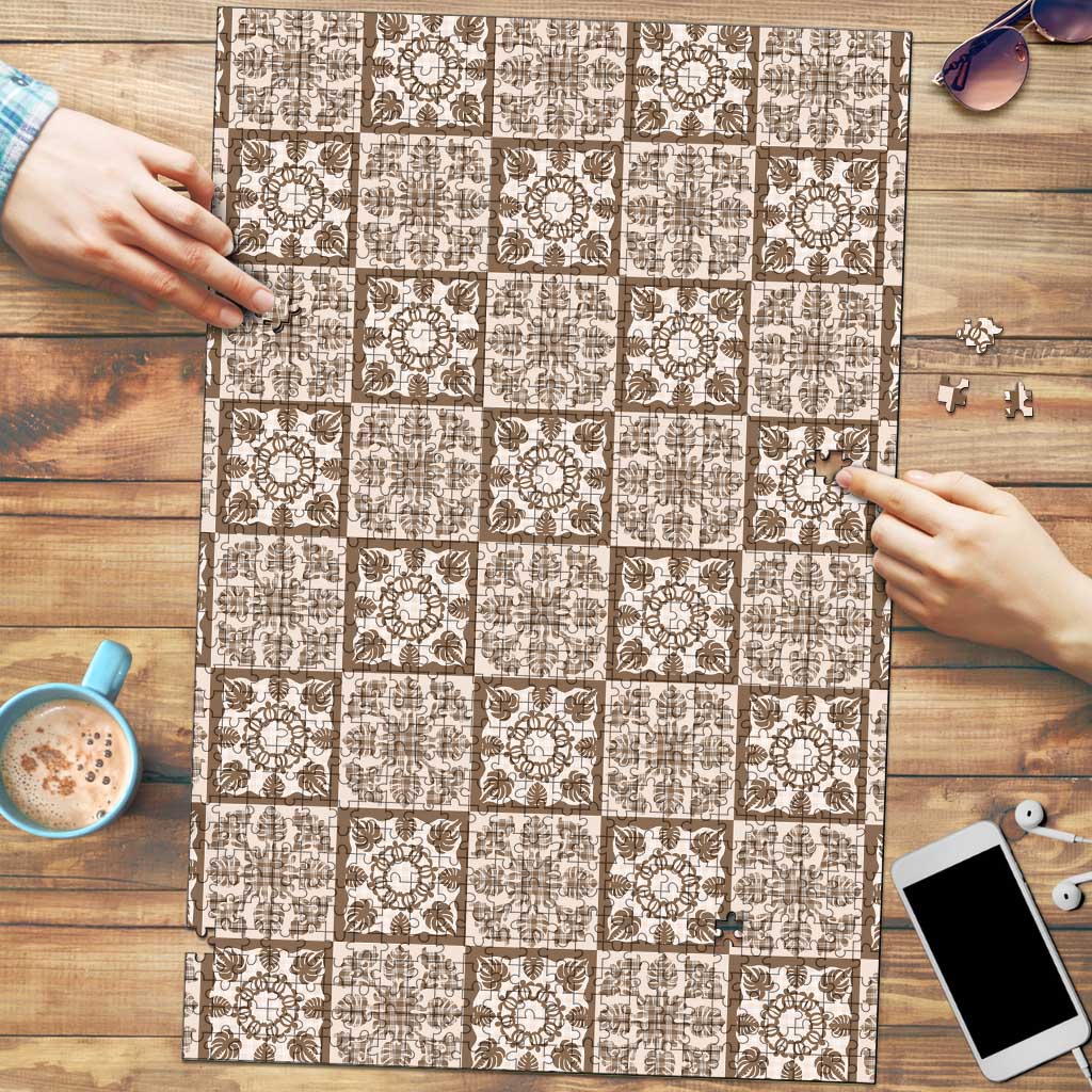 Beige Palaka Quilt Hawaii Puzzle Hawaiian Tropical Monstera Sea Turtle