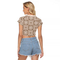 Beige Palaka Quilt Hawaii Raglan Cropped T Shirt Hawaiian Tropical Monstera Sea Turtle