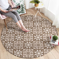 Beige Palaka Quilt Hawaii Round Carpet Hawaiian Tropical Monstera Sea Turtle