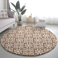 Beige Palaka Quilt Hawaii Round Carpet Hawaiian Tropical Monstera Sea Turtle