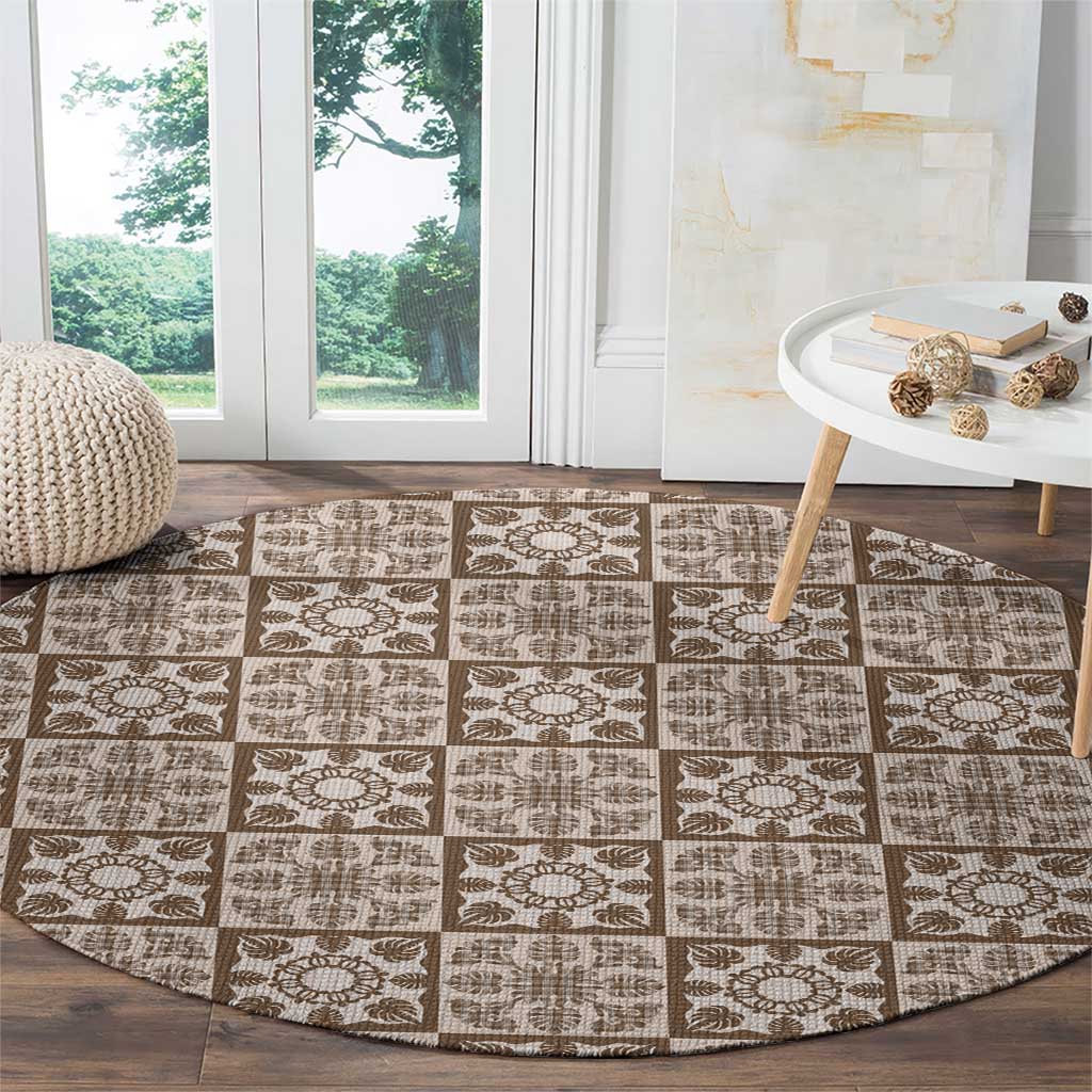 Beige Palaka Quilt Hawaii Round Carpet Hawaiian Tropical Monstera Sea Turtle