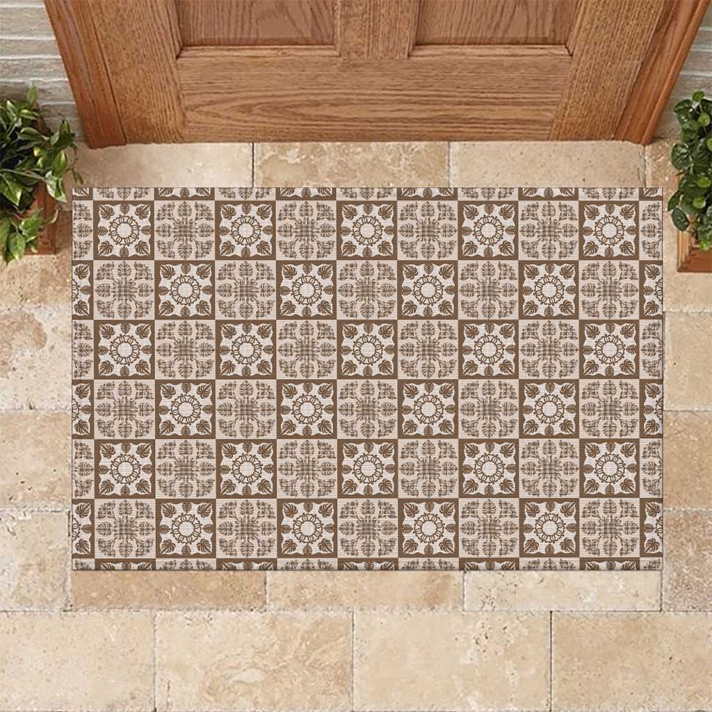 Beige Palaka Quilt Hawaii Rubber Doormat Hawaiian Tropical Monstera Sea Turtle