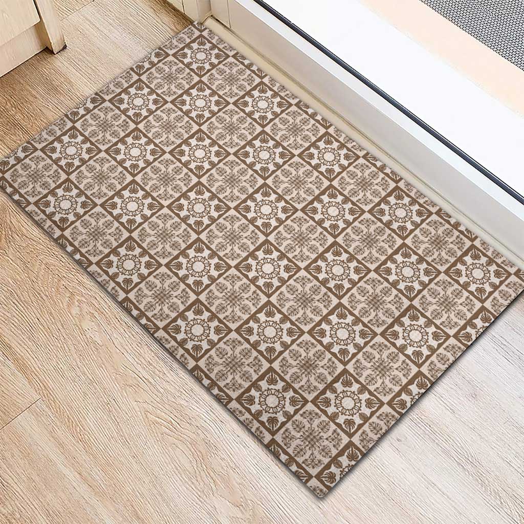 Beige Palaka Quilt Hawaii Rubber Doormat Hawaiian Tropical Monstera Sea Turtle