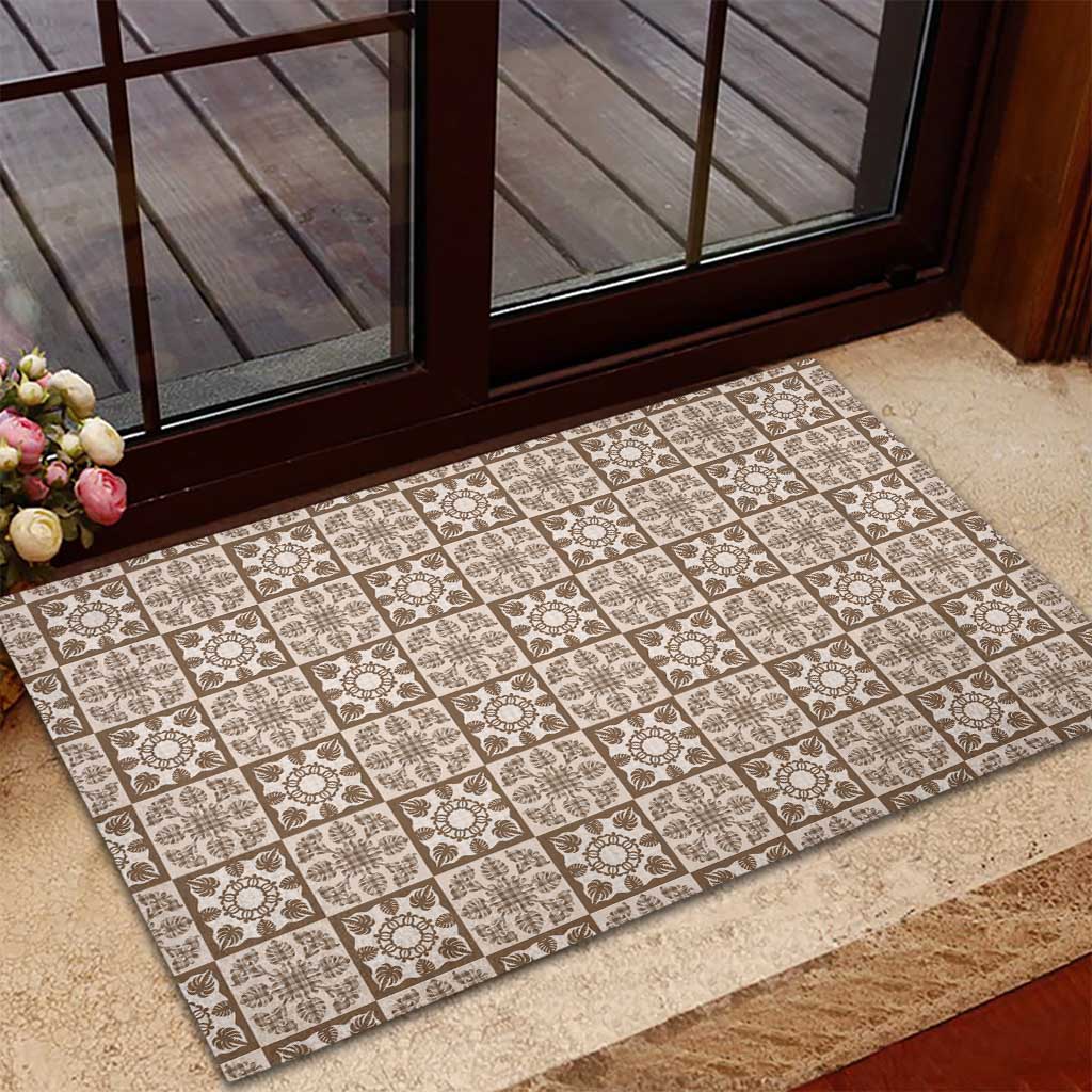 Beige Palaka Quilt Hawaii Rubber Doormat Hawaiian Tropical Monstera Sea Turtle