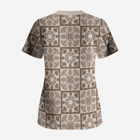 Beige Palaka Quilt Hawaii Scrub Top Hawaiian Tropical Monstera Sea Turtle