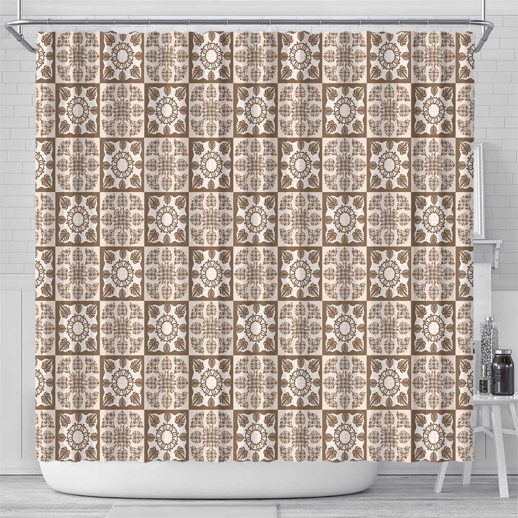 Beige Palaka Quilt Hawaii Shower Curtain Hawaiian Tropical Monstera Sea Turtle