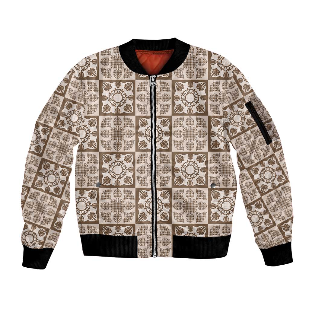 Beige Palaka Quilt Hawaii Sleeve Zip Bomber Jacket Hawaiian Tropical Monstera Sea Turtle