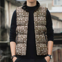 Beige Palaka Quilt Hawaii Sleeveless Puffer Jacket Hawaiian Tropical Monstera Sea Turtle