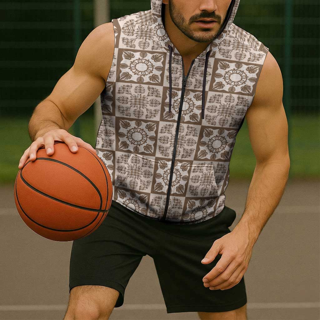 Beige Palaka Quilt Hawaii Sleeveless Zip Hoodie Hawaiian Tropical Monstera Sea Turtle