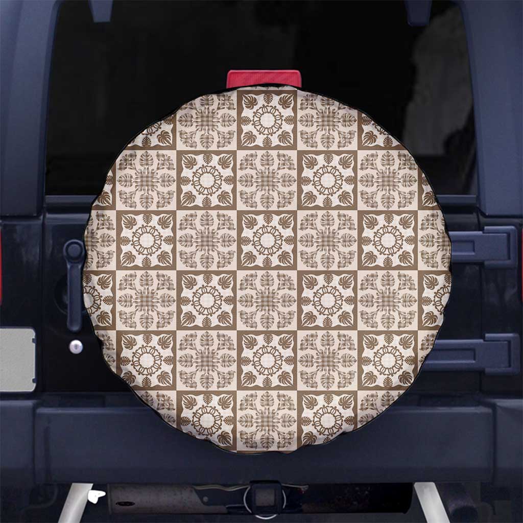 Beige Palaka Quilt Hawaii Spare Tire Cover Hawaiian Tropical Monstera Sea Turtle
